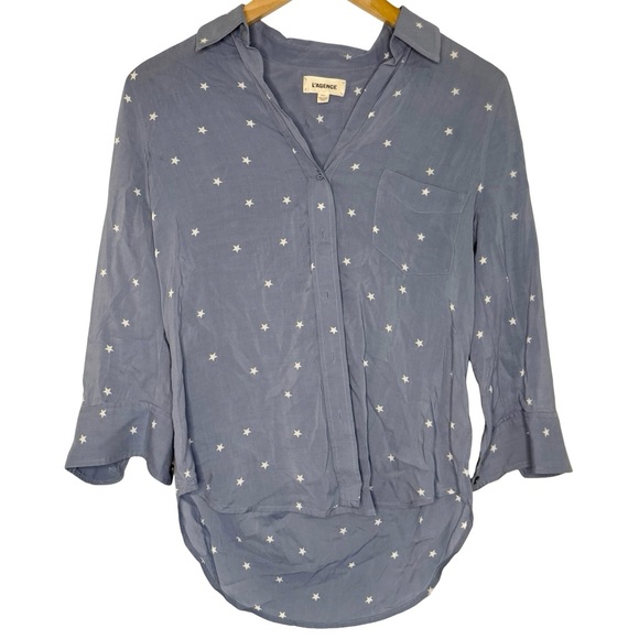 L’AGENCE Ryan Star Blue White Star Tunic Blouse Button Down XS - Picture 2 of 6